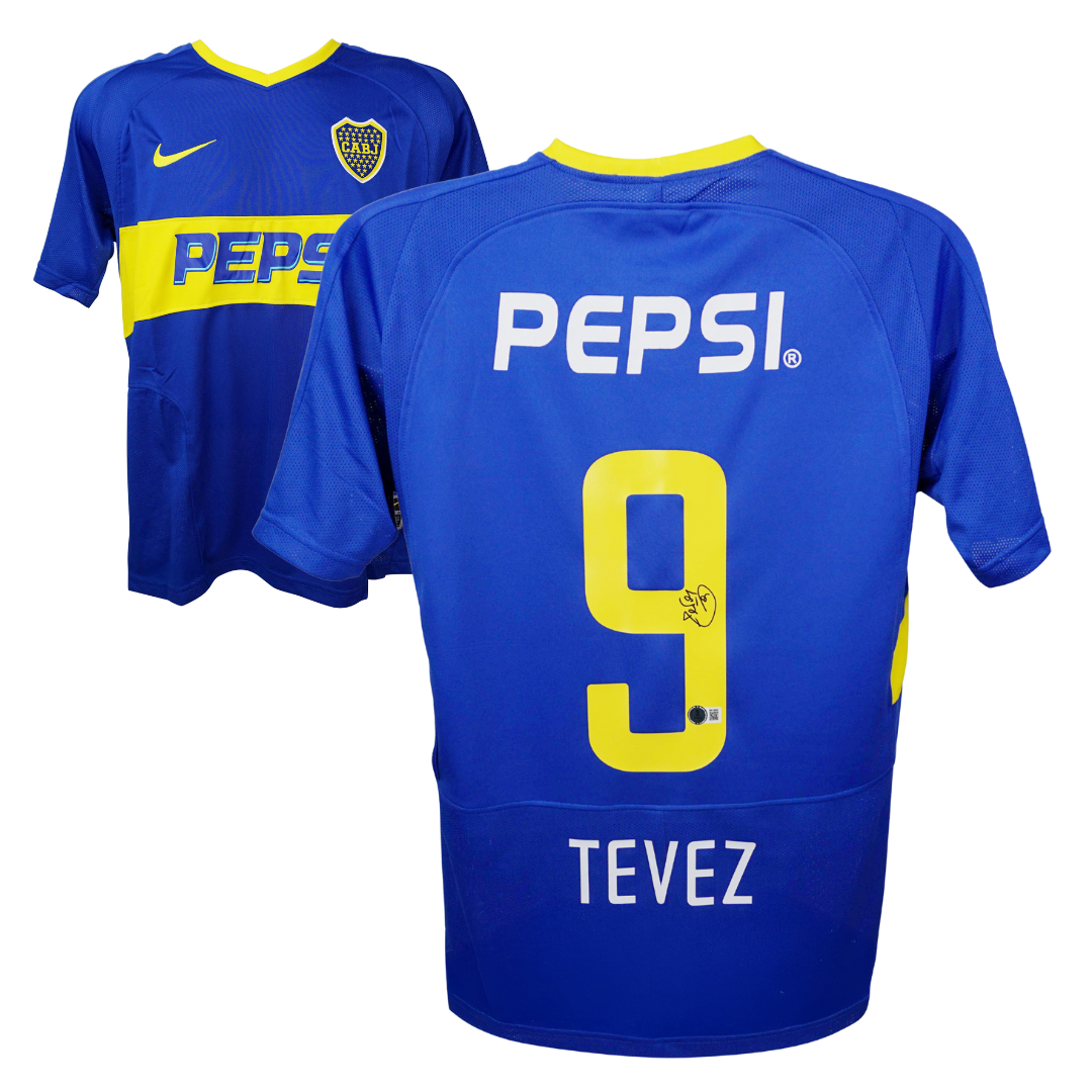 Carlos Tevez Signed Boca Juniors Soccer Jersey #9 with Beckett Witness